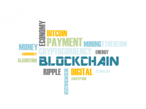 Collage made from the words: BLOCKCHAIN, BITCOIN, ETHEREUM, CRYPTOCURRENCY,, DIGITAL, DECENTRALIZED, ALGORITHM, TECHNOLOGY ETC.