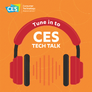 Red headphones on an orange background with the text saying "Tune in to CES Tech Talk".