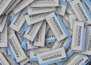 a Pile of small slips of two-toned blue and white pieces of paper with the word, “LOGIN” across the blue top part and the word, “PASSWORD” written on the white main part of the paper.