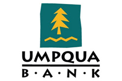 Umpqua Bank's logo of a golden yellow fir tree on a forest green background.